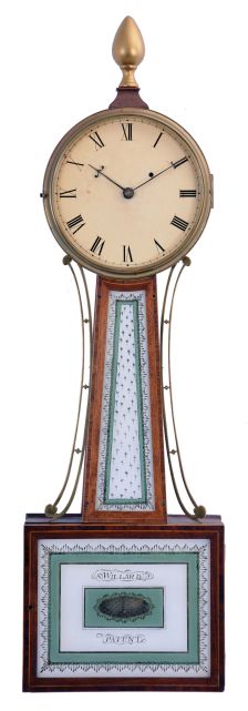 Willard style, Boston, 8 day, weight driven, brass T-bridge movement Patent or Banjo timepiece in cross banded case.