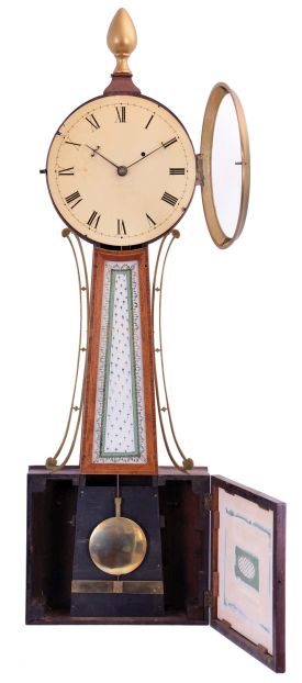 Willard style, Boston, 8 day, weight driven, brass T-bridge movement Patent or Banjo timepiece in cross banded case.