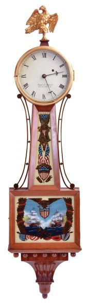 Ralph L. Holman, Bowling Green, Kentucky, 8 day, weight driven, brass movement Patent or banjo timepiece. Mr. Holman was a friend of the late Wayne Cline who made many reproduction clocks.