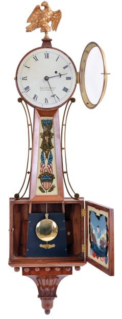 Ralph L. Holman, Bowling Green, Kentucky, 8 day, weight driven, brass movement Patent or banjo timepiece. Mr. Holman was a friend of the late Wayne Cline who made many reproduction clocks.