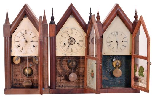Clocks- 3 (Three): (1) Smith & Goodrich, Bristol, Conn., 30 hour, time and strike spring driven, fusee movement sharp gothic or steeple clock, c1850; (2) Chauncey Boardman, Bristol, Conn., 30 hour, time, strike and alarm spring driven movement sharp gothic or steeple clock, c1850; (3) Elisha Manross, Bristol, Conn., 30 hour, time and strike spring driven movement sharp gothic or steeple clock, c1850.