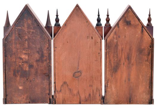 Clocks- 3 (Three): (1) Smith & Goodrich, Bristol, Conn., 30 hour, time and strike spring driven, fusee movement sharp gothic or steeple clock, c1850; (2) Chauncey Boardman, Bristol, Conn., 30 hour, time, strike and alarm spring driven movement sharp gothic or steeple clock, c1850; (3) Elisha Manross, Bristol, Conn., 30 hour, time and strike spring driven movement sharp gothic or steeple clock, c1850.