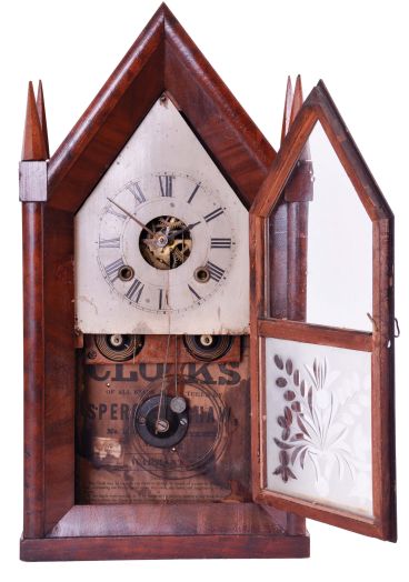 Sperry & Shaw, New York, New York, 30 hour, time and strike spring fusee bevel front Sharp Gothic or steeple clock, c1850