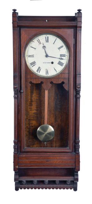 Seth Thomas Clock Co., Thomaston, Conn., "Queen Anne" hanging clock with a spring driven, 8 day timepiece movement in a walnut case.
