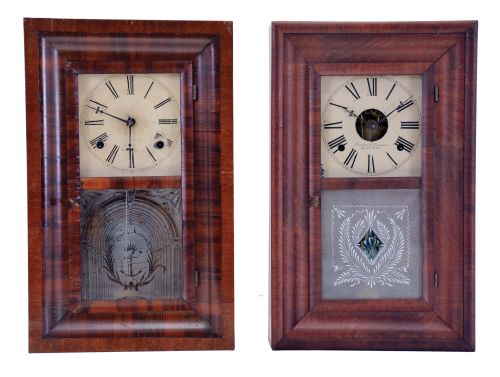 Clocks- 2 (Two): (1) Brewster & Ingrahams, Bristol, Conn., miniature OG shelf clock with spring driven 30 hour time and strike movement in a mahogany veneered case, c1850; (2) Brewster & Ingrahams, Bristol, Conn., miniature OOG shelf clock with a spring (brass) driven 30 hour time and strike movement in a mahogany veneered case, c1848.