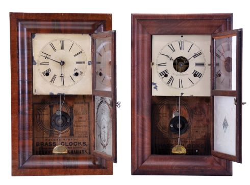 Clocks- 2 (Two): (1) Brewster & Ingrahams, Bristol, Conn., miniature OG shelf clock with spring driven 30 hour time and strike movement in a mahogany veneered case, c1850; (2) Brewster & Ingrahams, Bristol, Conn., miniature OOG shelf clock with a spring (brass) driven 30 hour time and strike movement in a mahogany veneered case, c1848.