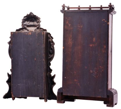 Clocks- 2 (Two): (1) Seth Thomas Clock Co., Thomaston, Conn., "Omaha", 8 day, time and strike spring driven movement city series shelf clock, c1887; (2) American Clock Co., New York, New York, 30 hour, time and strike spring driven movement iron front shelf clock, c1850