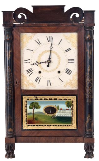 Ephraim Downs for George Mitchell, Bristol, Conn., 30 hour, time and strike weight wood movement half column & splat shelf clock.