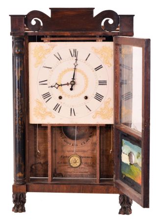 Ephraim Downs for George Mitchell, Bristol, Conn., 30 hour, time and strike weight wood movement half column & splat shelf clock.