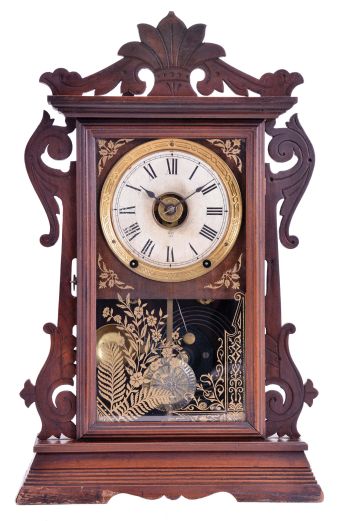 Seth Thomas Clock Co., Thomaston, Conn., "Newark" shelf clock with a spring driven, 8 day time, strike and alarm movement with a patent (British) Winward