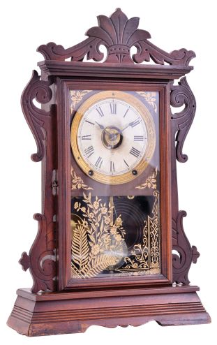 Seth Thomas Clock Co., Thomaston, Conn., "Newark" shelf clock with a spring driven, 8 day time, strike and alarm movement with a patent (British) Winward
