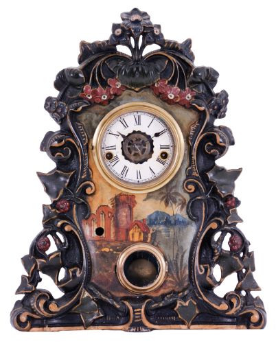 Waterbury Clock Co., Waterbury, Conn., 30 hour, time, strike and alarm spring driven movement iron front shelf clock.
