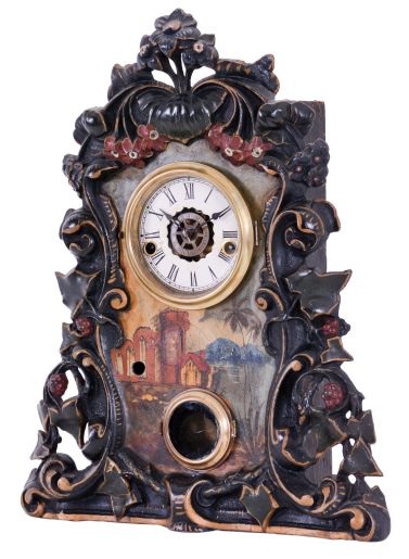 Waterbury Clock Co., Waterbury, Conn., 30 hour, time, strike and alarm spring driven movement iron front shelf clock.