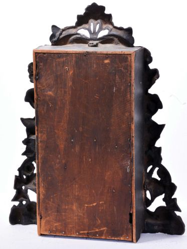 Waterbury Clock Co., Waterbury, Conn., 30 hour, time, strike and alarm spring driven movement iron front shelf clock.
