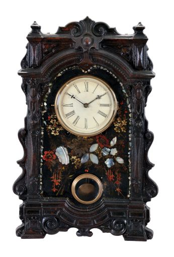 New Haven Clock Co., New Haven, Conn., 8 day, time and strike spring driven movement iron front shelf clock.