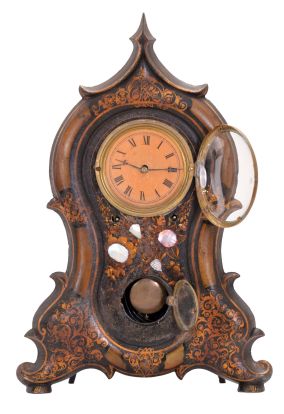 Chauncey Goodrich, Bristol, Conn., 8 day, time and strike spring driven movement iron front shelf clock.