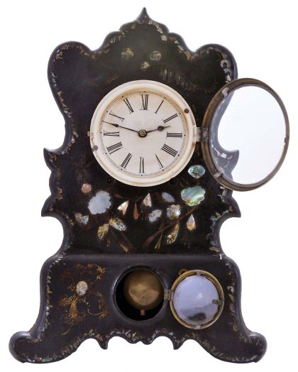 American Clock Co., New York, New York, 8 day, time and strike spring driven movement iron front shelf clock.