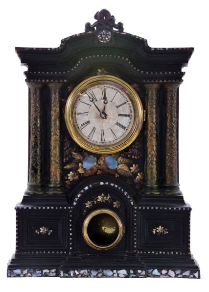 American Clock Co., New York, New York, 8 day, time and strike spring driven movement iron front shelf clock. Movement appears to be a New Haven Clock Co.