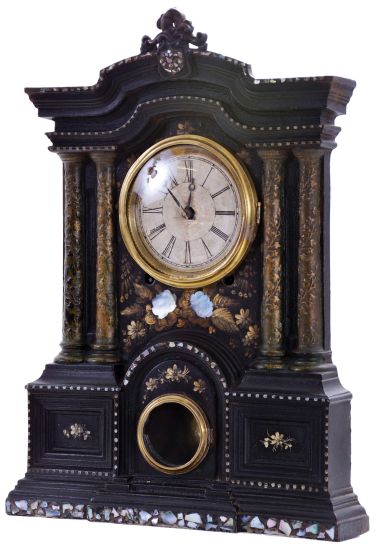 American Clock Co., New York, New York, 8 day, time and strike spring driven movement iron front shelf clock. Movement appears to be a New Haven Clock Co.