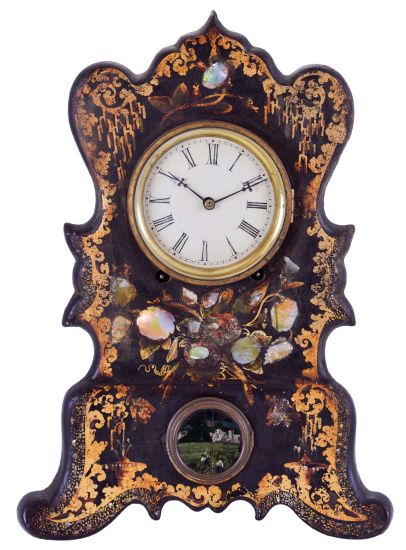 American, perhaps American Clock Co., New York, NY. 8 day, time and strike spring driven movement iron front with MOP mantel clock. Movement not signed.