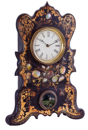 American, perhaps American Clock Co., New York, NY. 8 day, time and strike spring driven movement iron front with MOP mantel clock. Movement not signed.