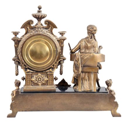 Ansonia Clock Co., New York, NY, "Prosperity" figural mantel clock with a spring driven, 8 day, time and strike movement with visible escapement in a cast metal and enameled iron case.