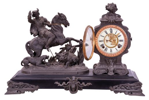 Ansonia Clock Co., New York, NY, "Boar Hunter" figural mantel clock with a spring driven, 8 day, time and strike movement with visible escapement in a enameled iron base with a bronzed spelter statue.