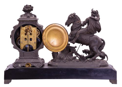 Ansonia Clock Co., New York, NY, "Boar Hunter" figural mantel clock with a spring driven, 8 day, time and strike movement with visible escapement in a enameled iron base with a bronzed spelter statue.