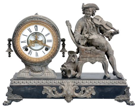 Ansonia Clock Co., New York, NY, "Violinist" shelf clock with a spring driven, 8 day time and half hour strike movement with visible escapement in a cast metal and enameled iron case.