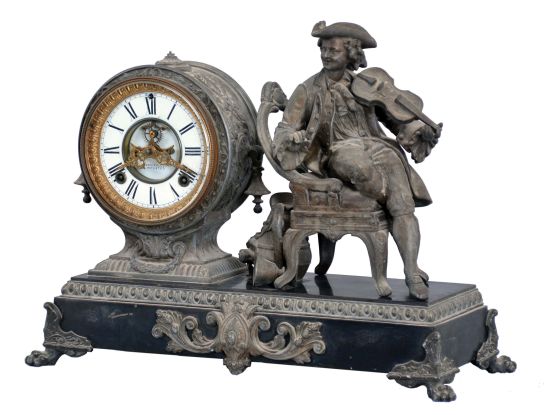 Ansonia Clock Co., New York, NY, "Violinist" shelf clock with a spring driven, 8 day time and half hour strike movement with visible escapement in a cast metal and enameled iron case.