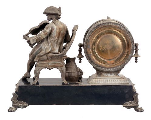 Ansonia Clock Co., New York, NY, "Violinist" shelf clock with a spring driven, 8 day time and half hour strike movement with visible escapement in a cast metal and enameled iron case.