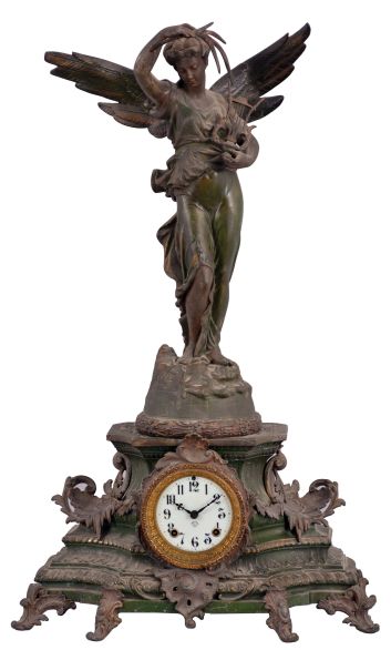 Ansonia Clock Co., New York, NY, "Undine and Gloria" figural mantel shelf clock with a spring driven, 8 day time and half hour strike movement in a cast metal case.