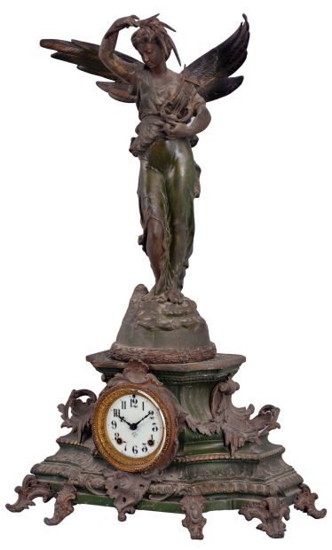 Ansonia Clock Co., New York, NY, "Undine and Gloria" figural mantel shelf clock with a spring driven, 8 day time and half hour strike movement in a cast metal case.