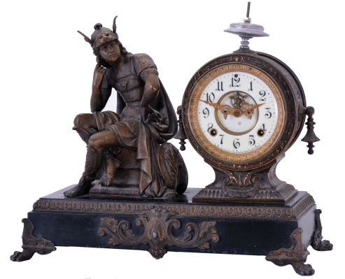 Ansonia Clock Co., New York, NY, "Mercury" figure shelf clock with a spring driven, 8 day time and half hour strike movement in a japanese bronzed metal case.