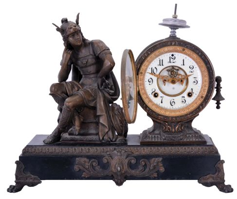 Ansonia Clock Co., New York, NY, "Mercury" figure shelf clock with a spring driven, 8 day time and half hour strike movement in a japanese bronzed metal case.