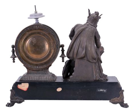Ansonia Clock Co., New York, NY, "Mercury" figure shelf clock with a spring driven, 8 day time and half hour strike movement in a japanese bronzed metal case.