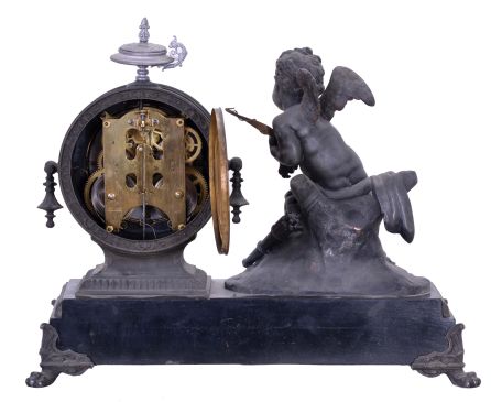 Ansonia Clock Co., New York, NY, "Cupid" figural mantel clock with an 8 day spring driven time and half hour strike movement with visible escapement in a cast metal case.