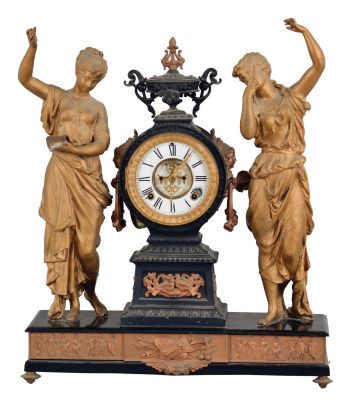 Ansonia Clock Co., New York, NY, "The Muses" figural mantel clock with a 8 day, spring driven time and strike movement, in a enameled iron and cast metal case.