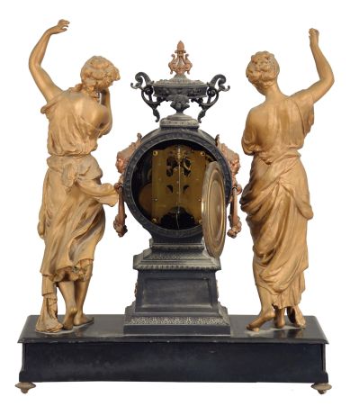 Ansonia Clock Co., New York, NY, "The Muses" figural mantel clock with a 8 day, spring driven time and strike movement, in a enameled iron and cast metal case.