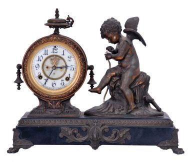 Ansonia Clock Co., New York, NY, "Eros" figure mantel clock with an 8 day spring driven time and half hour strike movement in a cast metal case with bronze plating.