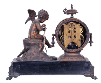Ansonia Clock Co., New York, NY, "Eros" figure mantel clock with an 8 day spring driven time and half hour strike movement in a cast metal case with bronze plating.