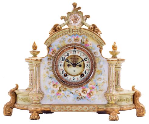 Ansonia Clock Co., New York, NY, "La Champagne" shelf clock with a spring driven, 8 day time and half hour strike movement with visible escapement in a porcelain case.