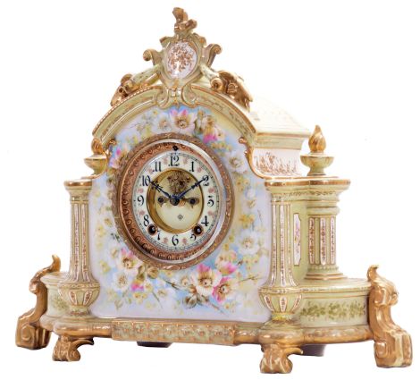 Ansonia Clock Co., New York, NY, "La Champagne" shelf clock with a spring driven, 8 day time and half hour strike movement with visible escapement in a porcelain case.