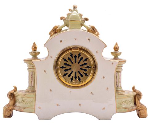 Ansonia Clock Co., New York, NY, "La Champagne" shelf clock with a spring driven, 8 day time and half hour strike movement with visible escapement in a porcelain case.
