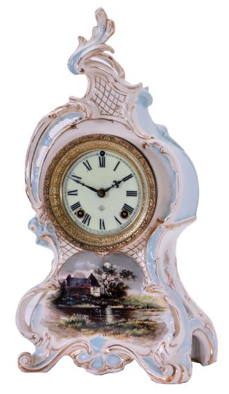 Ansonia Clock Co., New York, NY, "La Capelle", 8 day, time and strike spring driven movement porcelain mantel clock.
