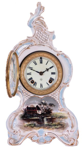 Ansonia Clock Co., New York, NY, "La Capelle", 8 day, time and strike spring driven movement porcelain mantel clock.