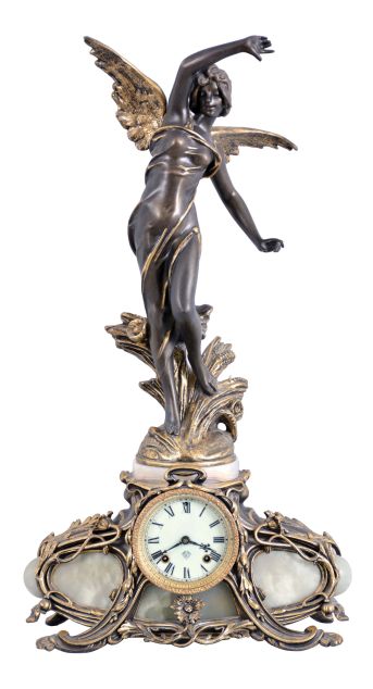 Ansonia Clock Co., New York, NY, "Superba base with La Source top ornament" figural shelf clock with a spring driven, 8 day, time and strike movement in a cast metal case with Brazilian onyx inlay panels.