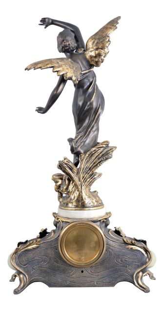 Ansonia Clock Co., New York, NY, "Superba base with La Source top ornament" figural shelf clock with a spring driven, 8 day, time and strike movement in a cast metal case with Brazilian onyx inlay panels.