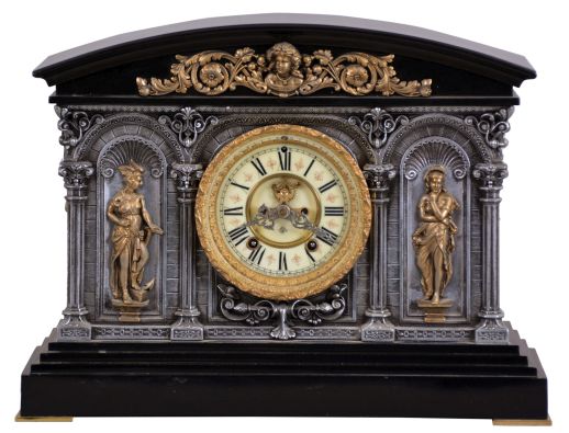 Ansonia Clock Co., New York, NY, "Georgia" mantel clock with a spring driven, 8 day, time and rack & snail strike movement with visible escapement in a cast metal and enameled iron case.