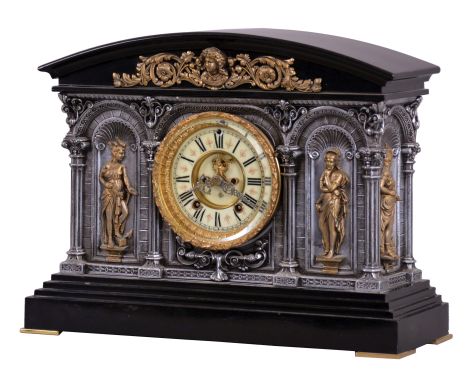 Ansonia Clock Co., New York, NY, "Georgia" mantel clock with a spring driven, 8 day, time and rack & snail strike movement with visible escapement in a cast metal and enameled iron case.